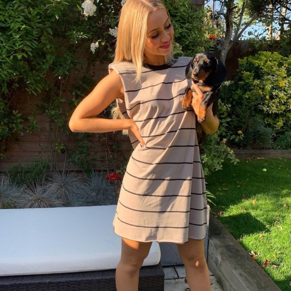 ASOS Padded Shoulder Dress - Tan Stripe (14)